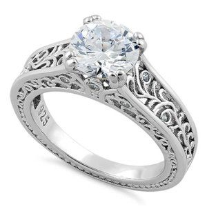 925 STERLING SILVER Filigree Round Cut Cubic Zirconia Solitaire Ring